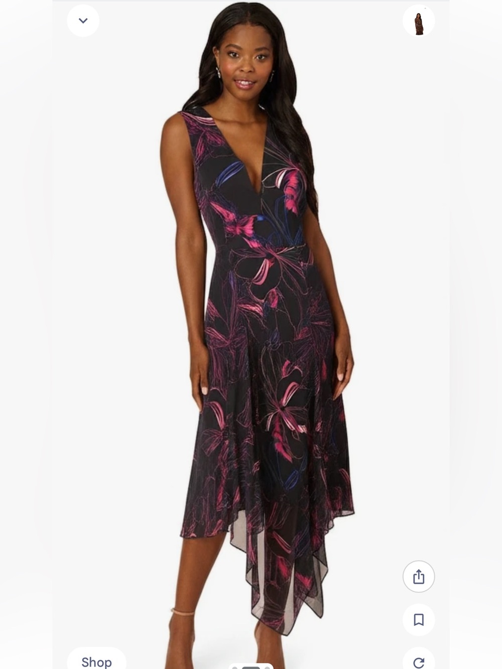 Dkny Black Asymmetrical Floral Midi Dress with Fuchsia Accents